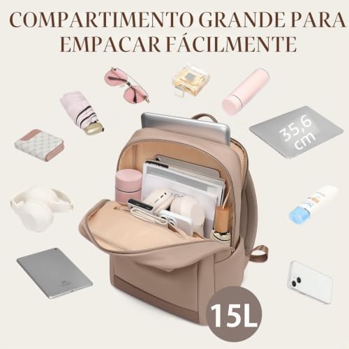 GOLF QUALITY Laptop Backpack 14 Inches, Women's Large Capacity Backpack with Laptop Compartment, Waterproof Casual Daypack for Work College Travel, Champagne Brown