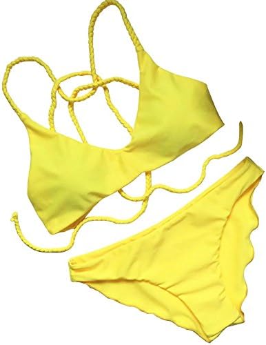 Running Mall Women's Push Up Halter Beachwear Bathing Suit Bikini Set (L,Yellow)