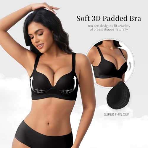 Zero Feel Bliss Women's Push-up Bra Without Underwire, Thin Cup Deep Neckline, Adjustable Wide Straps, Soft Breathable Invisible, Full Coverage with Support