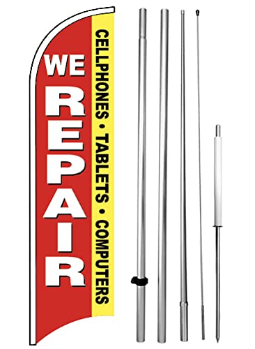 Photo 1 of 4Less We Repair Cellphones Tablets Computers Windless Swooper Flag Feather Banner Sign 15 ft Tall Large Pole Spike Kit rb-h, Red