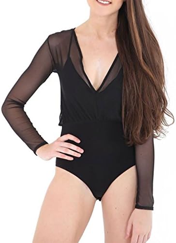 Chiffon V Neck Sheer Long Sleeve 2 in 1 Top Ladies Layered Mesh Leotard Bodysuit#(Black 2 in 1 Chiffon V Neck Bodysuit#US 10-12#Womens)