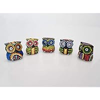 Bongjas Dream Handmade Ornaments Mini Wooden Dotted Owls 5pcs Set