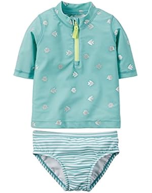 Baby Girls' 2 Piece Foil Rashguard Swimsuit (3-6m, Mint)
