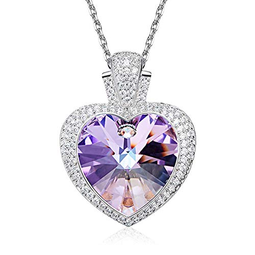 SNOWH Womens Sterling Silver Necklaces with Swarovski Crystals Love Heart Pendant Necklaces for Women Girls Wedding Valentine's Day Birthday Purple