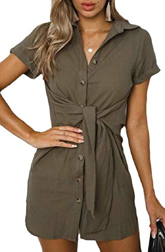 CBTLVSN Women's V Neck Short Sleeve Tie-up Waist Casual Loose T-Shirt Dress Coffee L