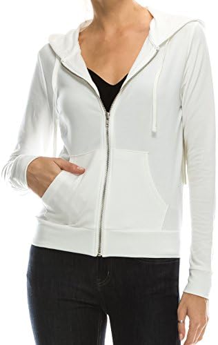 coul J Women's Basic Casual Long Sleeve Full Zipper French Terry Hoodie Jacket w/ Kangaroo Pockets - Off White/Size: Medium