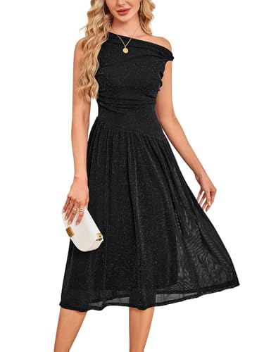 VAFADRESS Black Off The Shoulder Midi Cocktail Dress Wedding Guest Dress M at Amazon
