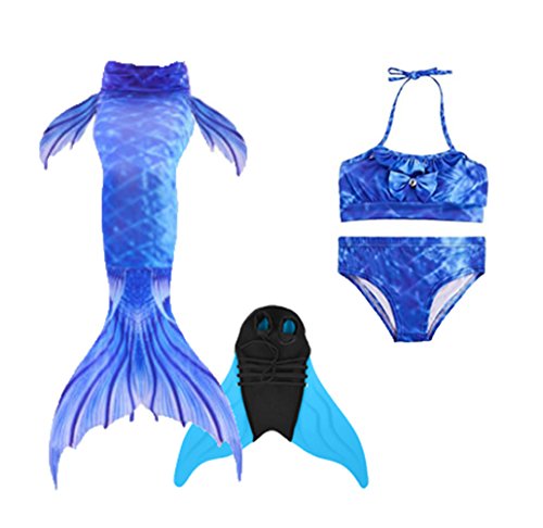 Kids Girls Sparkle Mermaid Tail with Monofin Swimmable Swimwear 4pcs Sets for Kids 3~10Years (110 (4-5 Years), A-Dark Blue)