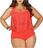Shengyu Women's Plus Size High Waist Swimwear Padded Two Piece Tassel Swimsuits Bikinis (Large, Orange)