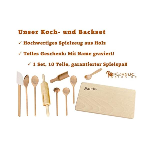 Holz Backset Kinder - INKLUSIVE Gravur mit Namen - Küchengeräte und Kinderküche Zubehör zum Backen, Kochen, Spielzeug personalisiert für Weihnachten als Geschenk – Bild 4