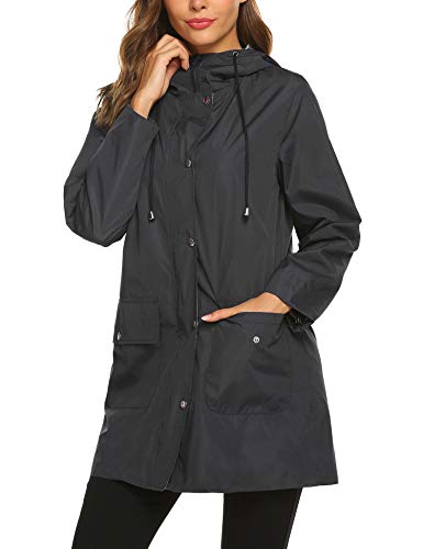 SUNAELIA Rain Jacket Women Waterproof with Stripe Liner Hood Lightweight Raincoat Outdoor Windbreaker Trench Coat S-XXL Black