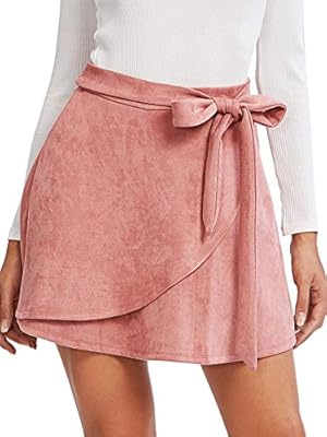SheIn Women's Casual Faux Suede Side Tie Knot Warp Front A Line Mini Skirt