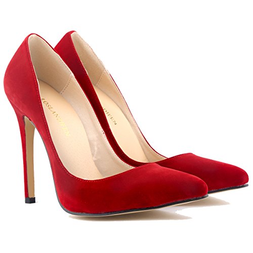 Loslandifen Womens Closed Toe High Heels Pointed Slender Stiletto Pumps(302-1VE42,Red)