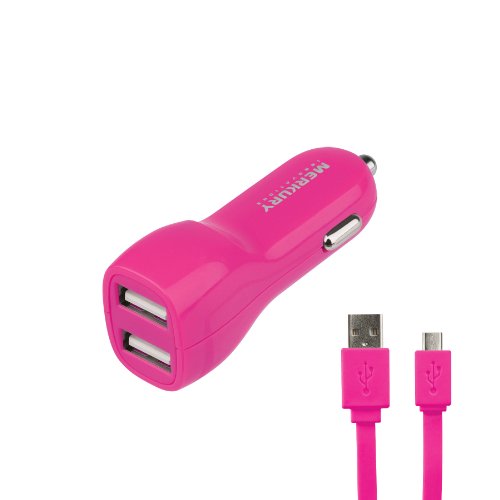 Merkury Innovations Rapid 2.1 Amp Dual USB Car Charger Includes 4.5 Foot Micro USB Flat Cable (Pink)
