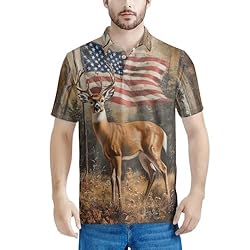 HUGS IDEA American Flag Mens Golf Shirt Deer Short