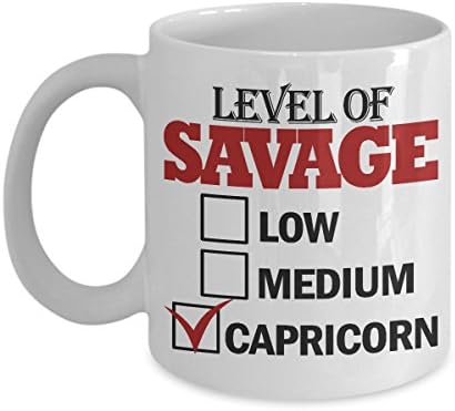 Level Of Savage Capricorn Mug, 11 oz Ceramic White Coffee Mugs, Best Novelty Gifts For Capricorn, Unique Horoscope Tea Cups, Awesome Astrology Zodiac Presents For Men Women, Nice Capricornus Drinkware
