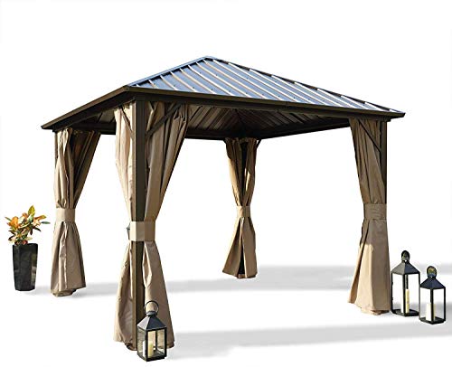 Roll Over Image to Zoom in Kozyard Rosana 10'x10' Hardtop Aluminum Permanent Gazebo with 2-Layer Sidewalls (Rosana 10'x10')