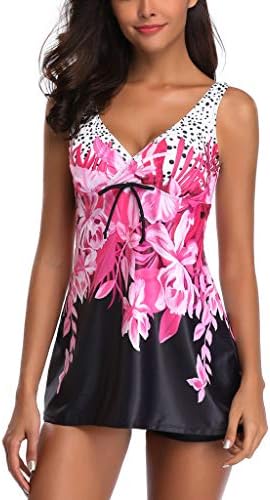 Hunzed Women【Printed Bikini】 Women's One Piece Skirt Swimsuit Flower Pattern Spots Swimdress Bathing Suit Pink