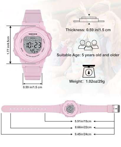 SOCICO Kids Digital Watches for Girls Boys, 5ATM Waterproof, 7 Color Lights Waterproof Watches for Kid with Alarm Stopwatch, Soft Band Wrist Watch Christmas Gifts for Kids Ages 5-12