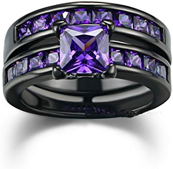 Sunbu2 PCS Black Gold Plated Princess Purple Amethyst Cut Cubic Zirconia Wedding Bridal Ring Set …