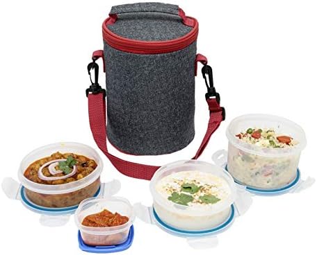 SimpArte Lock&Seal Lunch Box with Insulated Bag | Airtight | Microwave-Safe| Dishwasher-Safe | 4-Pieces (1x535 ml, 2x290 ml, 1x125 ml), (Denim Bag)