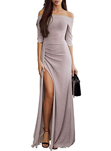 Dokotoo Womens Modest Formal Elegant Winter Off Shoulder 3 4 Sleeve High Waist Knitted Ruched High Slit Bodycon Maxi Long Party Evening Prom Dress Small