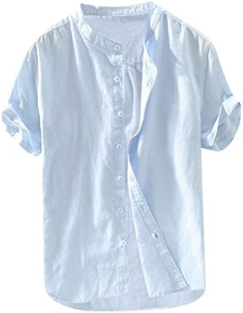 UROSA Men's Summer Solid Color Cotton Button Short Sleeve Stand Collar Shirt Casual Tops Blouse 2019