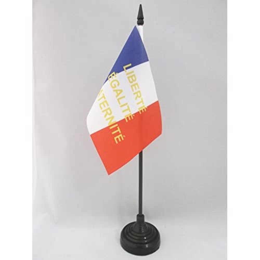 AZ FLAG - France Liberté Egalité Fraternité Table Flag 4'' x 6'' - French Liberty Flag Office Mini Banner 100% Polyester 15 x 10 cm - Mini Desk Flag with 10'' Pole and Black Plastic Base