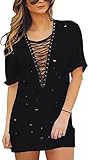 YONYWA Women’s Lace up Deep V Cross Front Half Sleeve Distressed Tshirt Dress Mini