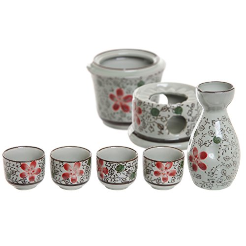 Exquisite Ceramic Red Flowers Japanese Sake Set w/ 4 Shot Glass/Cups