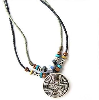 Lucky jewelry brand Ethnic Ceramic With Wood (Round Silver Pendant) Black Fabric Statement Necklace (1 Pc)