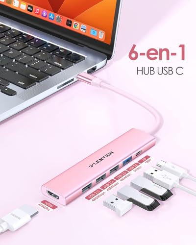 LENTION 6 in 1 USB C Hub HDMI 4K@30Hz, PD 100W, USB-A 3.0 & 2.0, USB C Adapter for MacBook Pro/Air 2026-2016, New MacBook Neo, Surface, iPhone 17 Plus Pro MAX and More (CH17, Rose Gold)