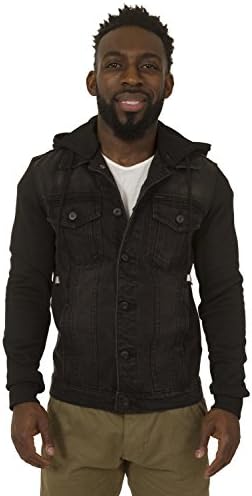 Mens Slim Fit Black Denim Jacket Jersey cotton sleeves Detachable Hood