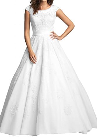 Angel Bride White Modest A-Line Jewel Floor length Bridal Gowns with Cap Sleeves- US Size 14