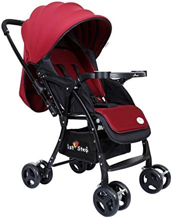 1st Step Baby Pram Cum Stroller - 5 Point Safety Harness/Infinitely Reclining and Cushioned Seat/Reversible Handle/Front Swivel Wheels - Black & Red