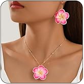 IS4U Vintage Colorful Plumeria Rubra Necklace Earrings Set,Bohemia Hawaiian Tropical Flower Dangle Earrings Luau Beach Party Necklaces Accessories for Women