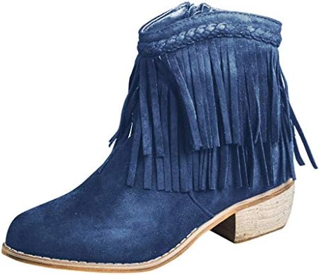 Andouy Women Round Toe Tassel Thick Heel Zipper Ladies Roman Ankle Boots
