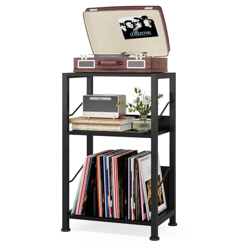 Hosfais Plattenspieler-Ständer mit 3 Ebenen, Retro-Vinyl-Schallplattenaufbewahrung, Beistelltisch für Wohnzimmer, Schlafzimmer, Schwarz