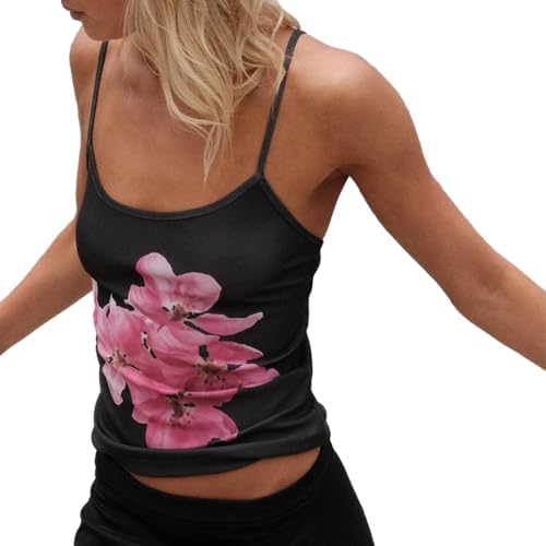 Women Y2k Cami Tank Tops Spaghetti Strap Floral Print Crop Top