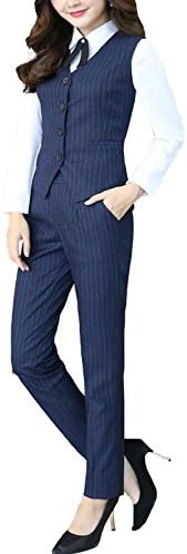 Womens Stripes Blouse Pants Vest 3-Pieces Office Lady Work Suit Set