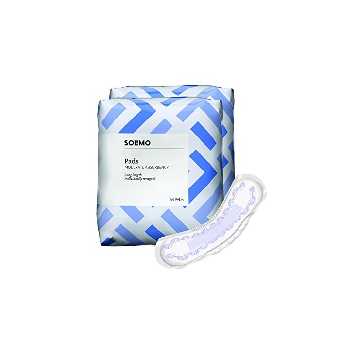 Amazon Brand - Solimo Incontinence/Bladder Control Pads for Women, Moderate Absorbency, Long Length, 108 Count, 2 Packs…