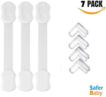 Baby Cabinet Lock | Childproof Safety Latches | Premium Brand | Unbreakable | for all Cabinets Draws Doors. 3 Pack + 4 corner guards + extra tapes for Re-use | by Safer Baby