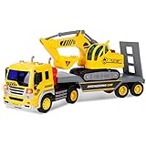 Liberty Imports 2-in-1 Friction Powered Flatbed Truck with Excavator Tractor - Push and Go Construction Toy for Kids with Lights and Sounds - Realistic 1:16 Scale Vehicle