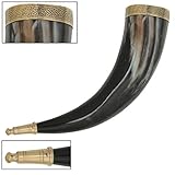 Brass Adorned Viking Drinking Horn with Metal Stand