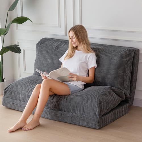 MAXYOYO Folding Bean Bag Chair with Foam Padding, Extra Thick 4 Layers, Mattress/Floor Sofa for Adults, Removable and Machine Washable Cover, Charcoal, 135 x 240 cm