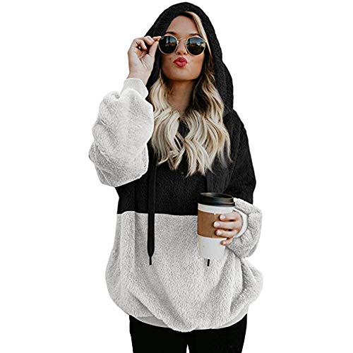 COOKI Women's Fuzzy Loose Color Block Hooded Sweatshirt Pockets Warm Zip Up Hoodie Pullover Hoodie Coat