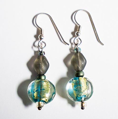 EA41 - Czech glass, Venetian teal and gold lined glass beads, sterling silver wires - One of a kind made by Patricia Gould