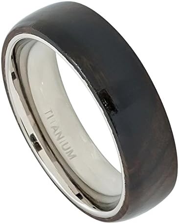 Noureda Sterling Silver Titanium Domed Ring With African Black Wood Inlay, Ring Width of 6MM