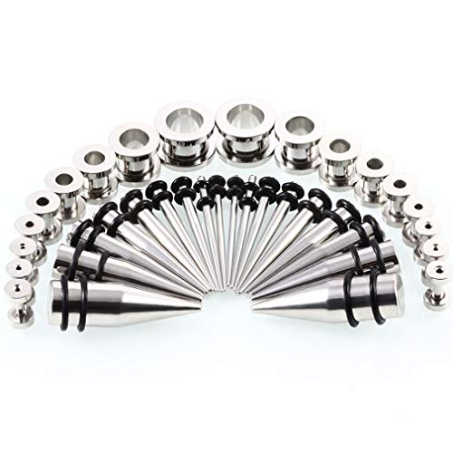 CABBE KALLO 36PCS Ear Gauges Stretching Kit Stainless Steel Screw Fit Tunnel Plugs and Tapers Set 14G-00G (Silvertone) - Thumbnail 2