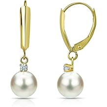 14k Yellow Gold 1/16cttw Diamond with Round White Freshwater Cultured Pearl Lever-Back Dangle Earrings!